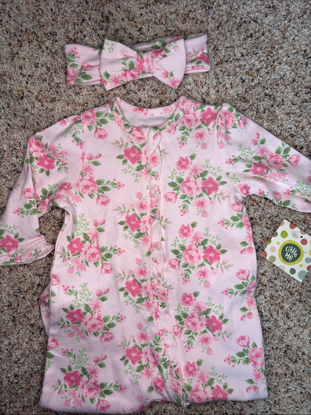 Little Me Pink Floral Footie with Matching Headband